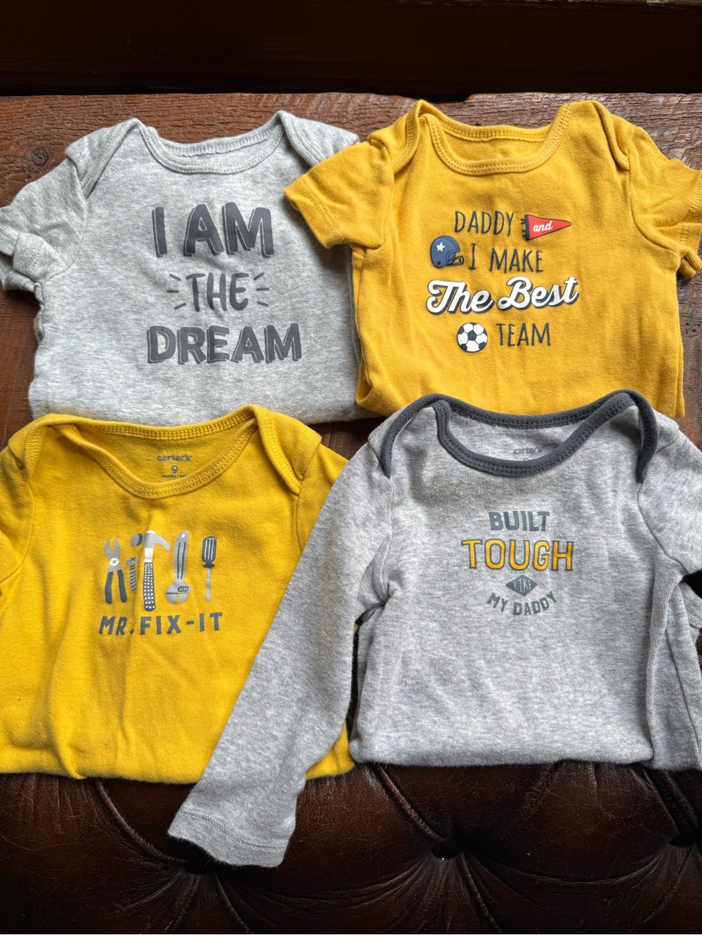 9 month Baby Onesie Lot - Gray & Mustard Yellow Graphic Set